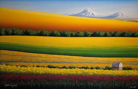 (style of Josh Adamski:1.15), scenery,a painting,scene painting, patch ,field ,boscage ,ranch ,orchard ,hedgerow, Mesa,