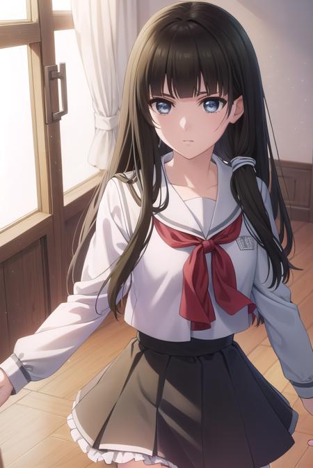 mikotokuga, <lora:mikoto kuga s1-lora-nochekaiser:1>,
mikoto kuga, long hair, bangs, black hair, blunt bangs, (black eyes:1.3),
BREAK skirt, long sleeves, bow, school uniform, white shirt, serafuku, black skirt, sailor collar,
BREAK indoors, classroom,
BREAK looking at viewer, (cowboy shot:1.5),
BREAK <lyco:GoodHands-beta2:1>, (masterpiece:1.2), best quality, high resolution, unity 8k wallpaper, (illustration:0.8), (beautiful detailed eyes:1.6), extremely detailed face, perfect lighting, extremely detailed CG, (perfect hands, perfect anatomy),