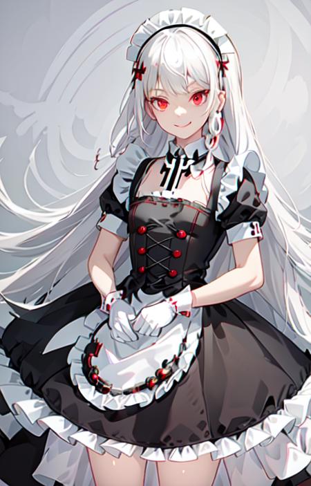 best quality, ultra detailed, 1girl, solo, standing, white hair, twin braids, red eyes,maid headdress,maid apron, bangs,white gloves, stare, smile, looking at viewer, (interview:1.3),  <lora:maid_v10:0.8>