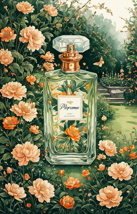 masterpiece,best quality,<lora:tbh50-sdxl:0.6>,illustration, A bottle of perfume in garden