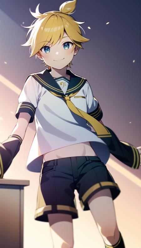 masterpiece, best quality, <lora:KagamineLenV1:0.7>, 1boy, sailor_collar, Kagamine_Len, yellow hair, (8k:0.7), (detailed Background of a school:0.7), (sunshine:0.6), desk, smile, short pants and sleeve, white shirt