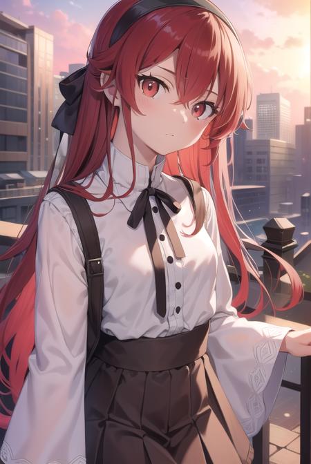 erisgreyrat, <lora:eristest:1>, 
eris greyrat, ahoge, hair between eyes, long hair, (red eyes:1.5), red hair, sidelocks, (small breast:1.2),
BREAK black hairband, black ribbon, brown skirt, hairband, long sleeves, neck ribbon, pantyhose, ribbon, shirt, shoulder cutout, skirt, white pantyhose, white shirt, wide sleeves,
BREAK looking at viewer,
BREAK outdoors, city,
BREAK <lyco:GoodHands-beta2:1>, (masterpiece:1.2), best quality, high resolution, unity 8k wallpaper, (illustration:0.8), (beautiful detailed eyes:1.6), extremely detailed face, perfect lighting, extremely detailed CG, (perfect hands, perfect anatomy),