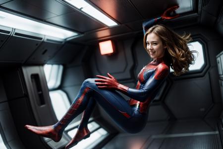 marvel movies,full body,photo of a 18 year old girl,spiderman,happy,laughing,floating in the air,in a spaceship,gravityless space,floating hair,ray tracing,detail shadow,shot on Fujifilm X-T4,85mm f1.2,sharp focus,depth of field,blurry background,bokeh,lens flare,motion blur,<lora:add_detail:1>,