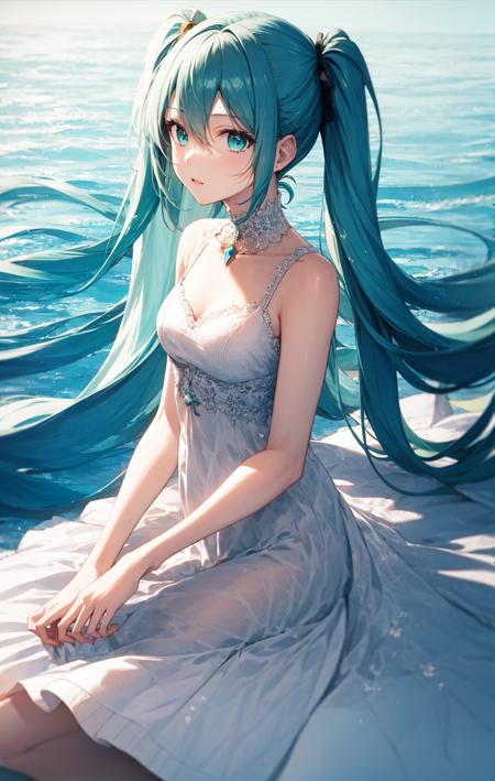 1girl, aqua_eyes, aqua_hair, twintails, tied_hair, white_dress, jewelry, front, <lora:style_Rella:1>