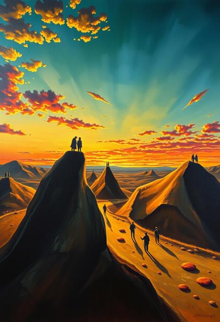 original painting by Salvador Dali "the permanence of memory", oil on canvas, Fantastically beautiful, high resolution, mesmerizing, sunset, dawn, wide color palette, magnificent people, beautiful animals, masterpiece, nature, ultra detail
