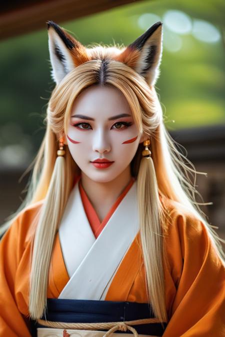 rating_safe, breathtaking detailed, masterpiece, absurdres, awe-inspiring, best quality, vibrant colors, muromachi86, kitsune, fox girl, facial mark, animal ears, japanese clothes, blurry background, 1girl, long hair, blurry, solo, kimono, brown eyes, facepaint, realistic, fox ears, white kimono, earrings, jewelry, upper body, looking at viewer, lips, forehead mark, nose, long sleeves, blonde hair, depth of field, rope, animal ear fluff<lora:sdxl_muromachi86.safetensors:0.8:0.8>