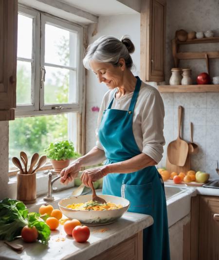 , <lora:sdxl_neg_overfit_v1:1> (overfit style:3),            A highly detailed mother in her kitchen preparing meal, window sunny day, happy, smiling,