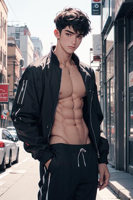 1boy,male focus,jacket,pectorals,solo,shirt,open jacket,open clothes,short hair,outdoors,looking at viewer,pants,closed mouth,muscular,off shoulder,city,muscular male,