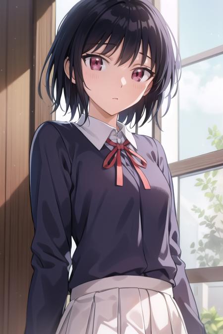 yakumotsukamoto, <lora:yakumo tsukamoto s2-lora-nochekaiser:1>,
yakumo tsukamoto, short hair, black hair, (red eyes:1.3),
BREAK skirt, shirt, long sleeves, bow, ribbon, school uniform, white shirt, pleated skirt, collared shirt, bowtie, red ribbon, neck ribbon, red skirt,
BREAK indoors, classroom,
BREAK looking at viewer, (cowboy shot:1.5),
BREAK <lyco:GoodHands-beta2:1>, (masterpiece:1.2), best quality, high resolution, unity 8k wallpaper, (illustration:0.8), (beautiful detailed eyes:1.6), extremely detailed face, perfect lighting, extremely detailed CG, (perfect hands, perfect anatomy),