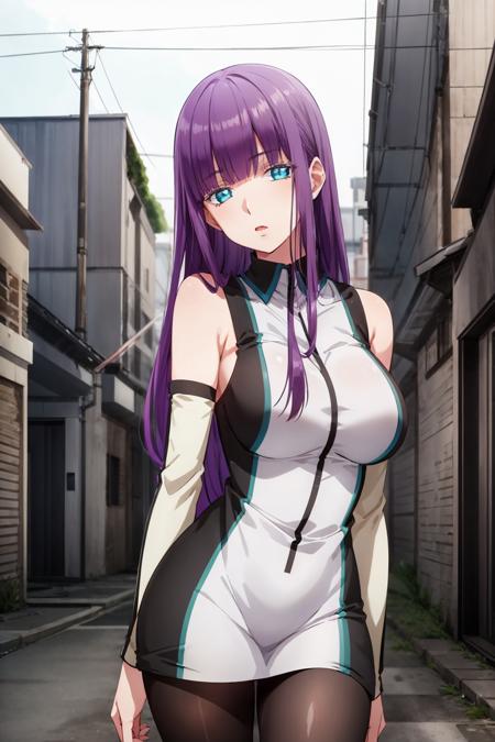 masterpiece, best quality, 1girl,  <lora:Mira Suou:0.6>mira suou, purple hair, blue eyes, short dress, detached sleeves, pantyhose, outdoor, slums background, <lora:more_details:0.2>