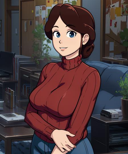 Simone,brown hair,hair bun,blue eyes,
red sweater,jeans,
standing,upper body,smile,
home,indoors,living room,
(insanely detailed, masterpiece, best quality),(solo),<lora:Simone:0.8>,