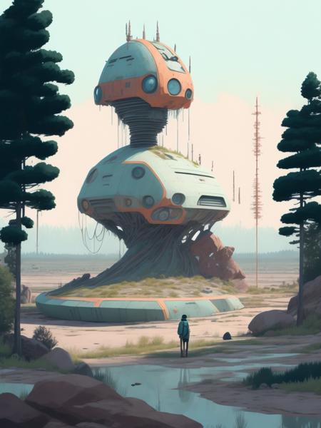 <lora:21Stalenhag:1>an artist's rendering of a futuristic landscape by Simon Stlenhag