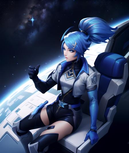 (masterpiece:1.2, best quality), <lora:Akali_DRX_1:0.7>, Akali drx, blue eyes, gloves, blue hair, sitting, jacket, ponytail, single horn, space