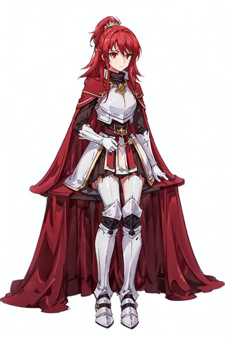 masterpiece, best quality, 1girl, solo,red hair, red eyes,<lora:Lilia-000015:0.6>, gloves, boots, white gloves, cape, armor, white footwear, knee boots, breastplate,sitting, flower, petal, sky, cloud, field, <lora:GoodHands-beta2:1>, <lora:add_detail:0.5>