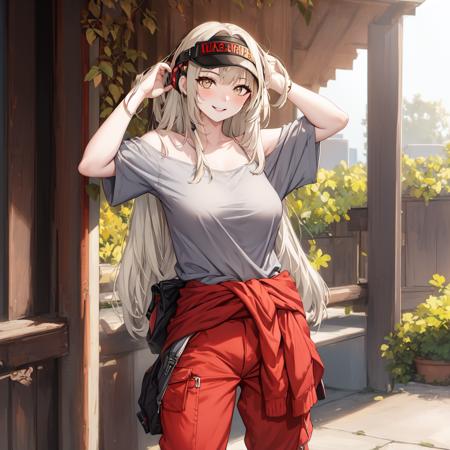 visor cap,long hair,grey shirt,clothes around waist, red pants, off shoulder,orange eyes,