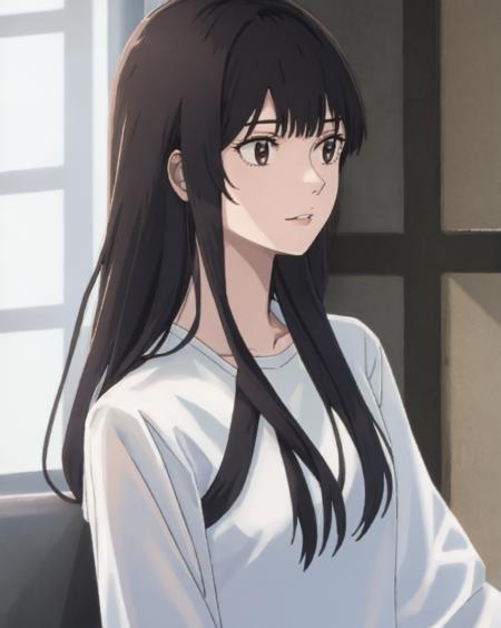 1girl, bangs, black_eyes, black_hair, blurry, blurry_background, blurry_foreground, breasts, brown_eyes, collarbone, depth_of_field, indoors, long_hair, looking_to_the_side, parted_lips, shirt, sidelocks, solo, upper_body, white_shirt <lora:chara_AnzuHanashiro:0.8>