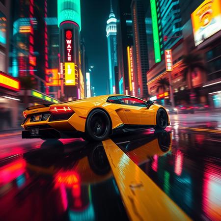 A cinematic close view shot of the lamborghini galardo  speeding down a neon-lit street at night, reflecting the bright, colorful lights from surrounding skyscrapers, with rain-slicked roads creating a mirror effect of the car’s sleek yelow body. The glowing cyberpunk city skyline in the background enhances the futuristic vibe of this intense race scene.