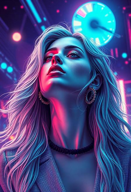 high quality design aesthetics, disco, synth pop, dynamic, detailed, pop album cover, melancholic, beautiful young white woman, artist name "MUSAIC"