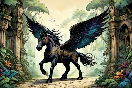 detailed black and color drawing of a  Pegasus with elegant wingspan soaring in at a Interdimensional gateway in hidden jungle, <lora:EldritchComicsXL1.0:1> <lora:Dreamyvibes artstyle SDXL - Trigger with dreamyvibes artstyle:0.7> Dreamyvibes Artstyle <lora:ParchartXL-1.5:0.7> on parchment, ink illustration