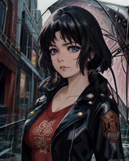 (anime), (illustration), cartoon, detailed, Woman in a leather jacket, against the background of a rainy city <lora:AlisSelez512New200:0.7> <lora:detail_slider_v4:2>, maximum details