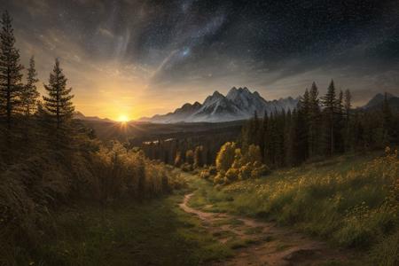 landscape, natural lighting, soft lighting, sunlight, HDR (High Dynamic Range), Adolph Menzel, Maximum Clarity And Sharpness, Multi-Layered Textures,nightsky background,