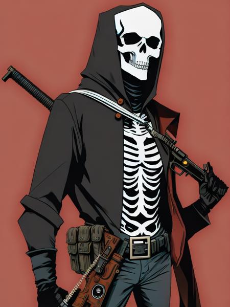 <lora:MikeMignola:1>a skeleton dressed in black holding a gun and wearing a hoodie with a skull on it by Mike Mignola