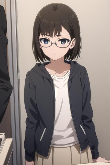 yumi iguchi, short hair, brown hair, black hair, glasses, (black eyes:1.3), skirt, shirt, jacket, white shirt, hood, hoodie,