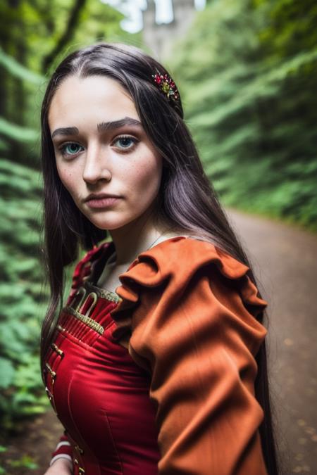 a stunningly beautiful young caucasian woman, brunette hair, in a dark red queens dress, in a forest paradise, [surprised look], (castle ruins in the background), (close up, head shot), candid, amateur, (raw, 8k, uhd, fujifilm xt3), sharp focus, [natural skin, highly detailed face], <lora:oliviaHussey:1>