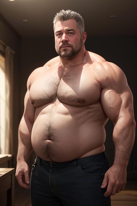 realistic render, film photo, atmospheric lighting, cinematic composition, high quality, masterpiece, grey hair, muscles, chubby, dad bod, fat