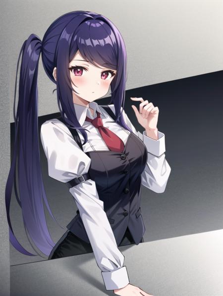 1girl, solo, bangs, blush, hand on own chest, jill stingray, long sleeves, looking at viewer, purple hair, medium breasts, necktie, shirt, solo, upper body, vest,  <lora:Jill_Stingray-02:1>, bartender, vest, white shirt,