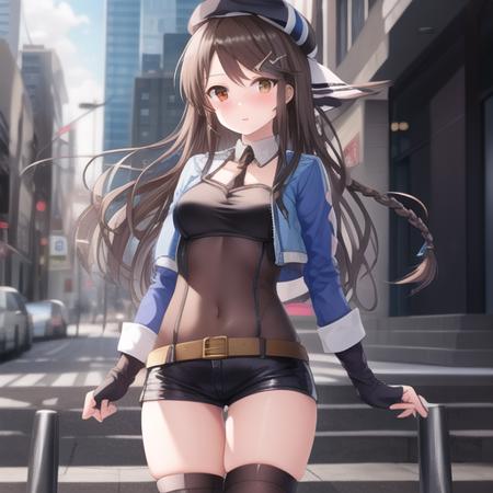 (masterpiece, best quality:1.2),illustration,8k,hd,1girl,solo,city,upper body,(portrait:1.2),kimberly (azur lane),standing,bangs,belt,brown hair,red eyes,fringe,thighhighs,black bodysuit,long hair,blue footwear,blue gloves,blue hat,blue jacket,blush,bodysuit,braid,buckle,covered navel,cropped jacket,cropped vest,beret,cross-laced footwear,fingerless gloves,hair ornament,hairclip,high heel boots,high heels,jacket,knee boots,lace-up boots,long sleeves,multicolored hair,open clothes,open jacket,parted bangs,partial bodysuit,short shorts,shorts,side braid,sidelocks,<lora:Kimberly(azur)>,