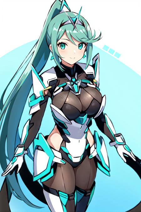 pneuma \(xenoblade\), 1girl, absurdres, bangs, breasts, chest jewel, earrings, gem, gloves, greek text, green eyes, green hair, headpiece, highres, inuisbink, jewelry, large breasts, long hair, ponytail, solo, swept bangs, tiara, very long hair, xenoblade chronicles \(series\), (xenoblade chronicles 2),

<lora:mythra_pyra_pneuma-000042:0.5>