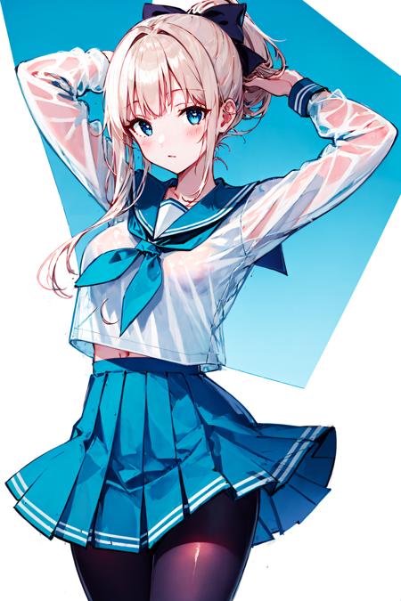 1girl, school_uniform, skirt, toast, pantyhose, serafuku, ponytail, solo, pleated_skirt, long_hair, arms_up, neckerchief, see-through, blue_eyes, sidelocks, black_legwear, looking_at_viewer, tying_hair, simple_background, white_background, shirt, cowboy_shot, white_shirt, breasts, long_sleeves, sailor_collar, bangs, adjusting_hair, eyebrows_visible_through_hair, bow, blue_neckerchief, blonde_hair, blush, arms_behind_head, crop_top_overhang, see-through_silhouette, hair_bow, popsicle, blue_skirt <lora:style_Hiten_3.0:0.8>