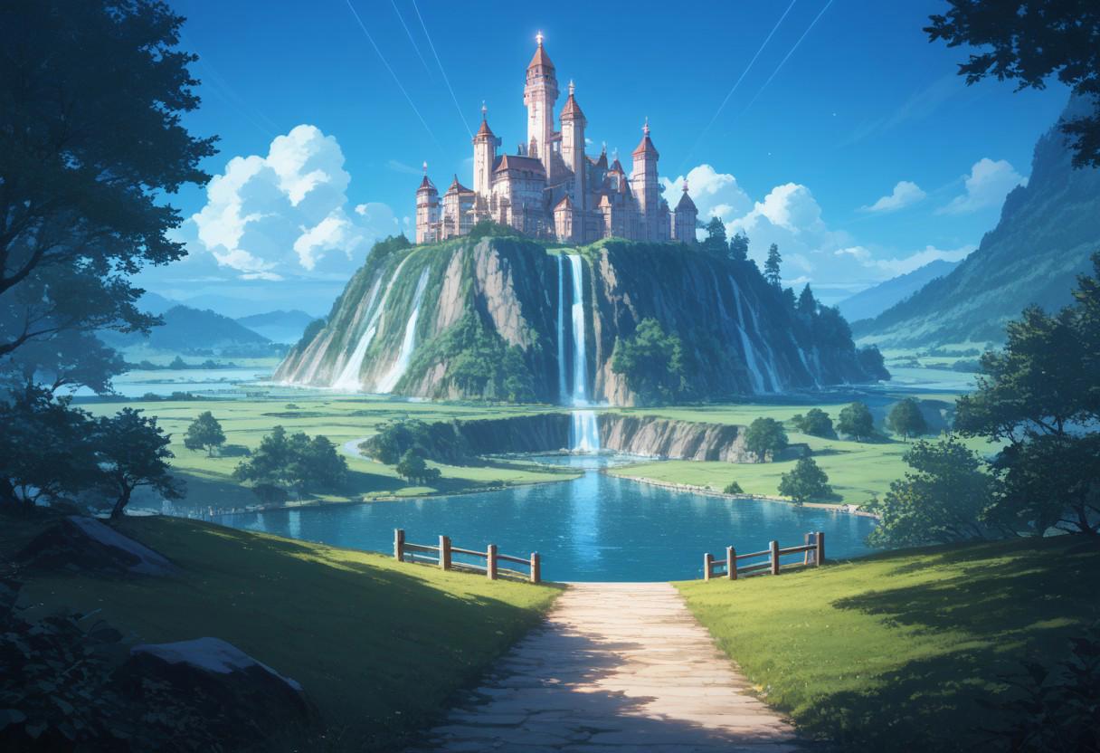 score_9, score_8_up, score_7_up, source_anime, best quality, masterpiece, ultra detailed, landscape, fantasy, sky city, floating islands, waterfalls, glowing lanterns, magical bridges, enchanted gardens, cozy atmosphere, twilight sky, warm lights, mystic aura, breathtaking view, adventurous journey