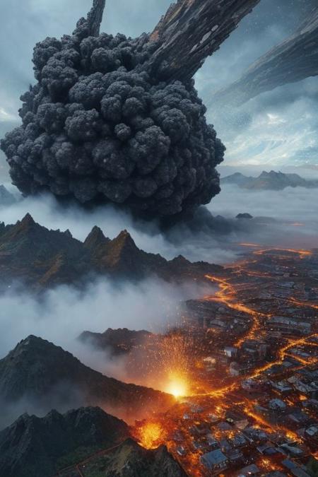 best quality, masterpiece, 8k, absurd detail, dream-like world, 
Earth, hit by a giant asteroid, The explosive moment of impact. The shockwave and the giant tsunami cleansing the planet. From above.
(elaborate atmosphere:1.4)