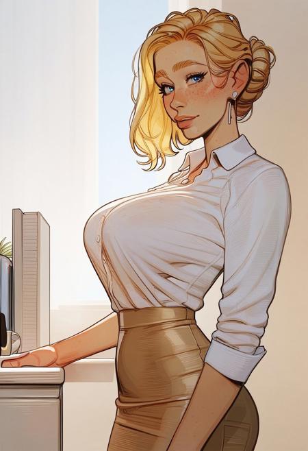 score_9, score_8_up, score_7_up, score_6_up, 1girl, age 25, cute, beautiful face, MILF, cute face, (delicate, French, blonde, attractive , petite:1.4) , bangs, square bangs, blue eyes, freckles, perfect tight breasts, (very saggy, very perky, braless:1.4),, perfect body, innocent, sweet, (short skirt, dress shirt, very tight outfit, ), wide hips, (sexy body, sexy curves, highly standing in office , hyper-sexual features:1.5).