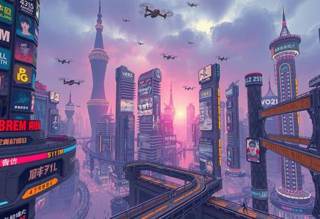 Ultra-dense cyberpunk mega-city in the year 2120, colossal arcology towers pierce the clouds, neon-lit facades in diverse hues—turquoise, amber, electric violet, deep crimson—illuminate the smoggy skyline. Tower clusters form layered tiers across a vast urban canyon, their surfaces alive with holographic ads, autonomous drones, kinetic signage, and vertical green walls. A sprawling river winds through the city like a glowing vein, lined with hyperloop terminals, submerged data centers, and drone ports. Streets and skyways bustle with AI-driven vehicles, mechs, and pedestrians in modular fashionwear. Light pollution glows against a low, metallic cloud ceiling. Atmosphere: dense, lived-in, yet awe-inspiring—technology feels inevitable, not fantastical. Inspired by Blade Runner, Kowloon Walled City, and hyperurbanized East Asia, but more advanced and grounded.