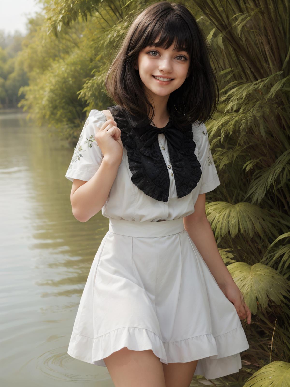 A young woman wearing a white dress with a black bow tie posing next to a body of water.