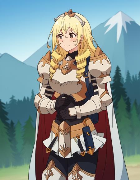 bozes co palesti, long hair, blonde hair, brown eyes, drill hair, large breasts skirt, gloves, cape, armor, shoulder armor, gauntlets, jewelry, earrings, breastplate,