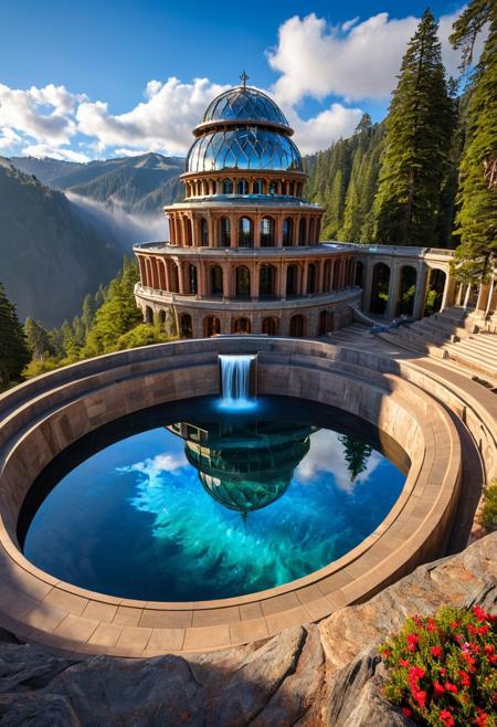 (masterpiece:1.5), (score_9, auto1111), extreme quality, reflections, surface reflections, ((no humans, no people)), a spectrum of iridescent colors, precise, fractal design, flowing curves, precision, striking visuals, sharp focus, detailed background, light reflections, architecture of boundless opportunities, (an enormous titanium Fractal observatory sitting on top of an enormous Stone basin), a enormous titanium Fractal observatory sitting on top of an enormous Stone basin at the rim of a enormous redwood forest, mountains in the background, enormous redwood trees, (a flowing stream with a waterfall), realistic, photorealistic, blue sky, fluffy clouds, flowing water, fluid architecture, multicolored flowers, luminescent water, sharp background details, detailed enormous titanium Fractal observatory, polished titanium, polished Stone, fluffy clouds, mist, ground fog, detailed landscape, landscaping of boundless opportunities, dynamic shaders, vibrant colors, Fractal architecture,