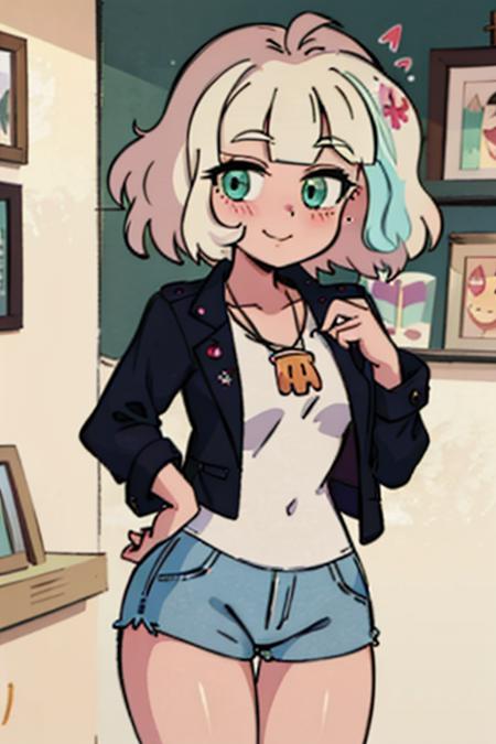 (masterpiece, best quality, high resolution:1.4), 1girl, jackie lynn thomas, black jacket outfit, long sleeves,  blonde hair, short hair, blush, light smile, looking at viewer, shell_necklace, <lora:JackieLynnThomas_v2:1>,