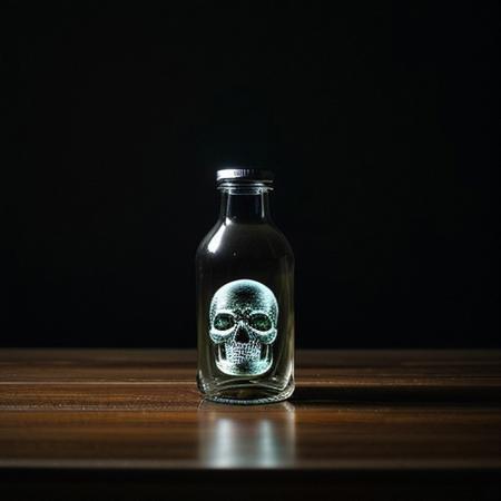 RAW photo, 8k uhd, dslr, soft lighting, high quality, film grain, Fujifilm XT3, Masterpiece, photorealistic, blue fiery skull, trapped in a bottle, on table, pitch black room, light from wisp