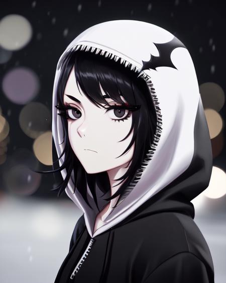 absurdres, masterpiece, highres, cinematic, full HD, 8k, intricate detail, ultra detailed, portrait, 1girl, black eyes, black hair, hoodie, looking at viewer, gothic, bangs, medium hair, eye focus, winter, night, outdoors, ((mascara)), depth of field, bokeh, blurry background, snow particles, :<, :<, detailed eyes, octane render, expressionless, <lora:zeronis style:0.8>, zeronis style