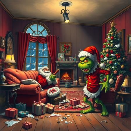 masterpiece,best quality,amazing quality, big colorful living room, broken christmas decorations, big broken christmas tree, broken window, broken sofa, destroyed gifts, messy, disorganized, cold air with snow enters through the broken window, unlit fireplace, a swinging spotlight hanging from the ceiling 
Santa Claus hiding behind an armchair with dirty and torn clothes dirty face tired breathing deeply holding a candy bar as if it were a gun, big green grinch savage monster big fangs saliva dripping from mouth walking searching sniffing red eye hunched position