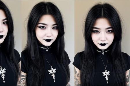 Teen brunnete nordic goth girl | tattoo | smile | dark | in dark room | Adult | On street | High quality | gothic makeup | realistic | informal | cute girl | bob cut hair | choker