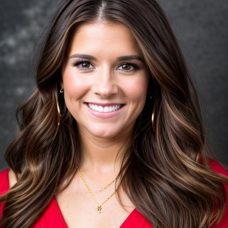 a Realistic portrait of a danica patrick woman with brown eyes and long brown Hair style, looking at the viewer, detailed face, detailed eyes, smiling, perfect slim body, modelshoot style, hand on own shoulder, wearing a red dress, wearing gold earrings and jewelry, soft lighting, professional Photography, Photorealistic, detailed, standing in a dark Studio Room background, blurred background, RAW, analog, sharp focus, 8k, HD, DSLR, high quality, Fujifilm XT3, film grain, award winning, masterpiece
<lora:danica patrick v1.2:1>