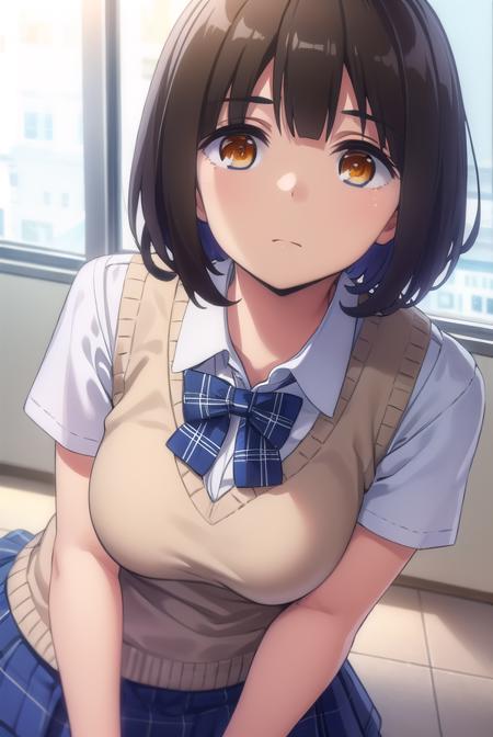 kanatahiga, <lora:kanata higa anime s1-lora-nochekaiser:1>,
kanata higa, short hair, bangs, brown hair, (brown eyes:1.3),
BREAK shirt, bow, school uniform, white shirt, short sleeves, bowtie, blue bow, sweater vest, plaid bow,
BREAK indoors, classroom,
BREAK looking at viewer,
BREAK <lyco:GoodHands-beta2:1>, (masterpiece:1.2), best quality, high resolution, unity 8k wallpaper, (illustration:0.8), (beautiful detailed eyes:1.6), extremely detailed face, perfect lighting, extremely detailed CG, (perfect hands, perfect anatomy),