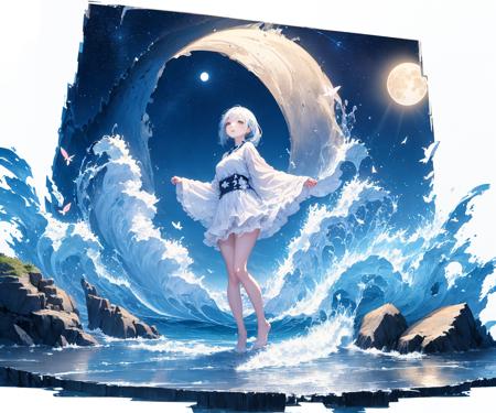 [(white background:1.5),::5] hexagon,
1 girl, mid shot, full body, standing on ocean, sea waves, water splashes, sky, detailed moon, light particles, butterflies, night, starry sky
<lora:Gacha Splash 3:1>