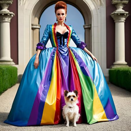 (photo-realistic high resolution, Focus full body, 1 young woman, georgian gown in latex that is (((rainbow_multicolor glossy very_shiny))) and has a  ((((small dog looking out from underneath her gown)))):1.6), 
(looking at viewer, ((((full-length image (((front facing))), from a great distance)))):1.4), 
perfect proportions, very long bold mahogany reddish hair in an extremely high ponytail, wide open hazel eyes,  sharp focus, realistic skin, slim, tall, very high heels