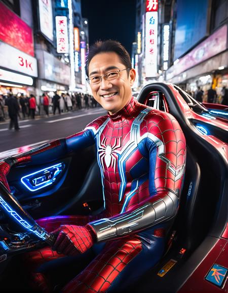 (Fumio Kishida:1.2), wearing spiderman suit, (cyberpunk, neon lights, Cyberpunk style:1.3), on a racing car, smiling, (highly detailed, intricate details, highres, 8k, RAW photo, realistic photo:1.35), portrait, in Shinjuku, <lora:Kishida-XL_v1:1>